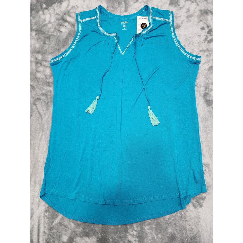 NEW Ruff Hewn Top Womens 1X Blue Tie Neck Sleeveless Rayon Lightweight Flowy